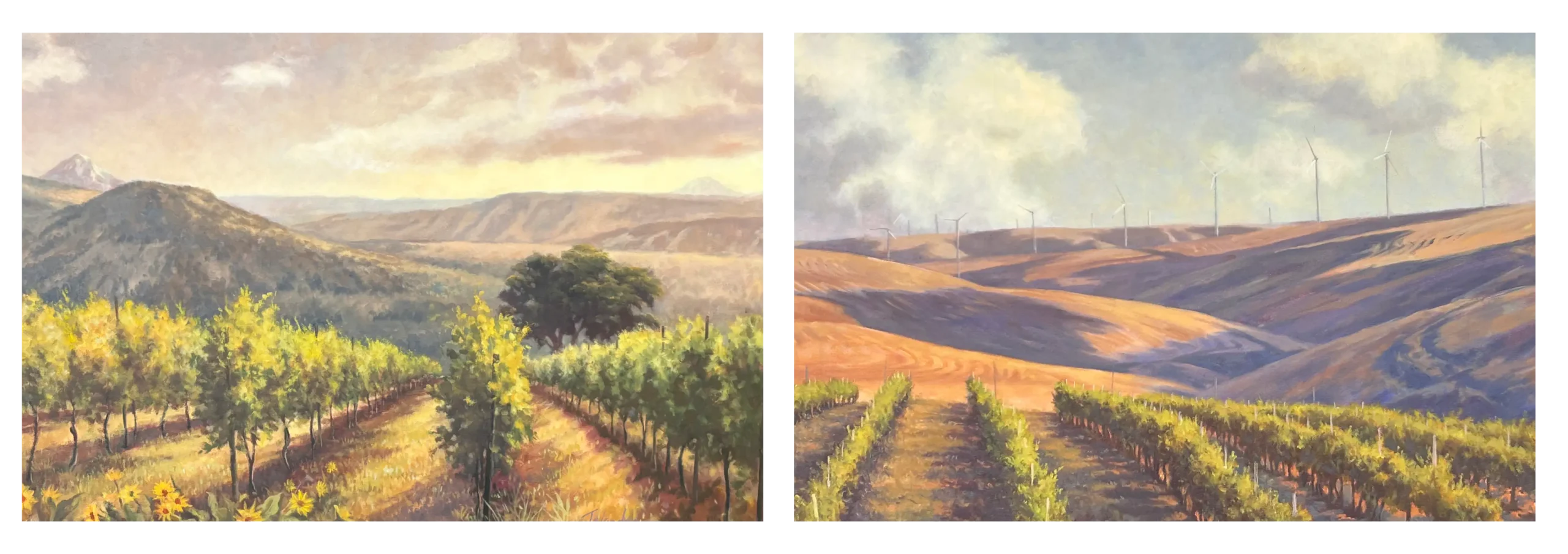 Two paintings of Windhorse Vineyard and Wheatfield Vines Vineyard