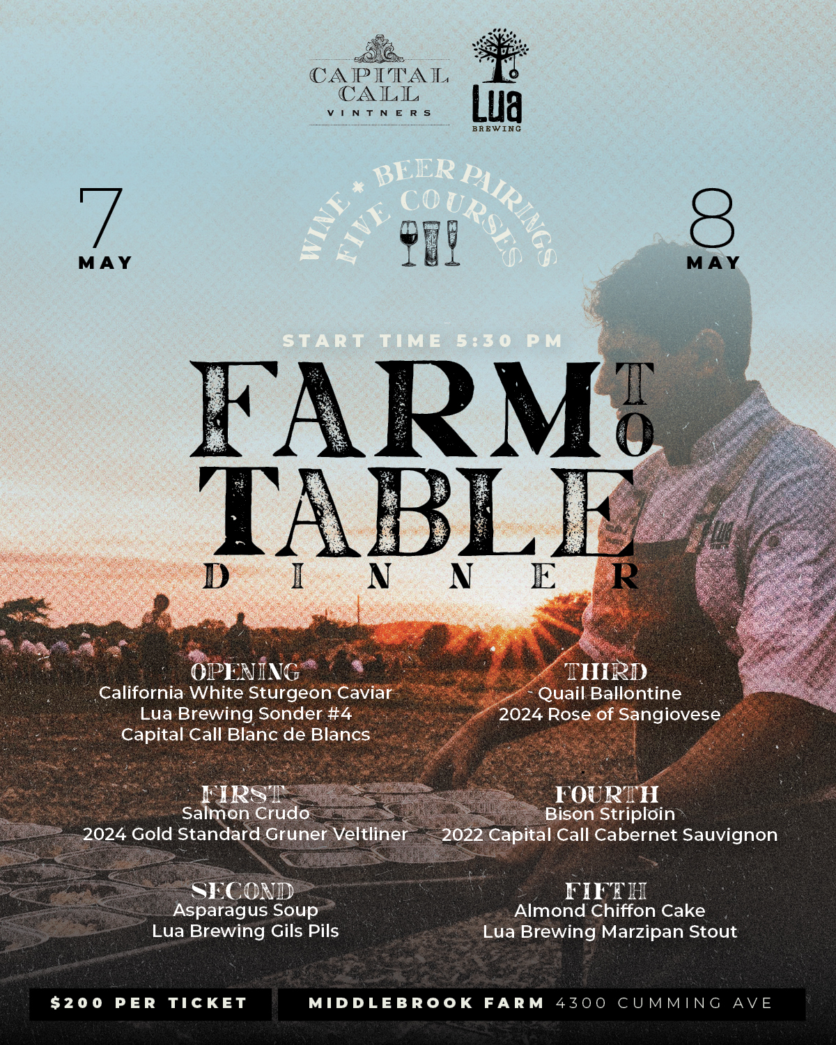Graphic for Lua Brewing dinner at Middlebrook Farm