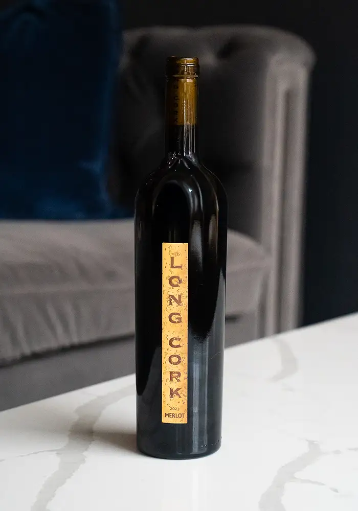 Long Cork Merlot on table