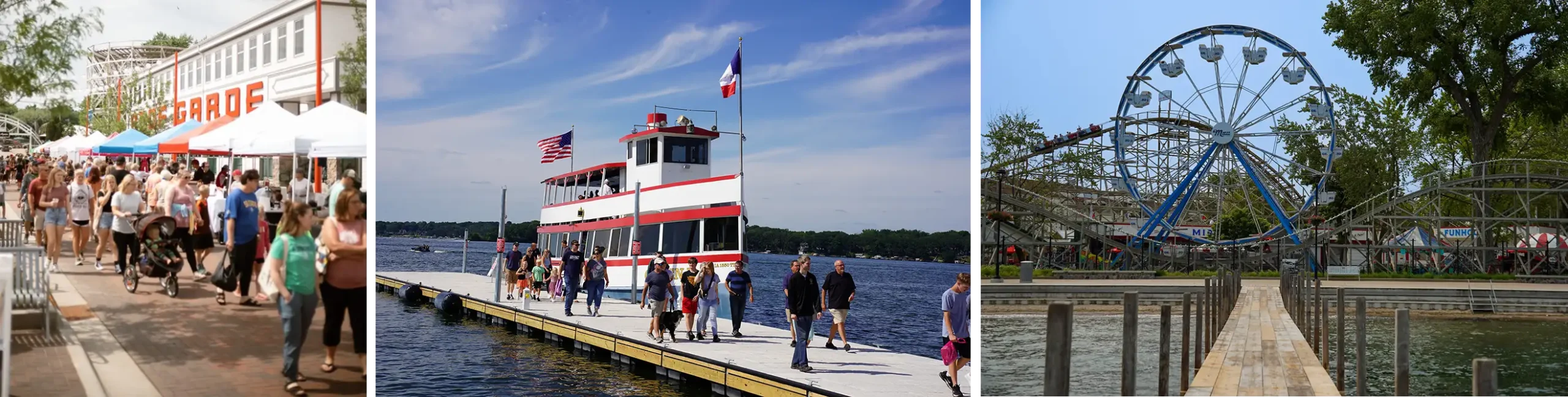 Collage of pictures from arnolds park - farmers market, queen anne boat, ferris wheel